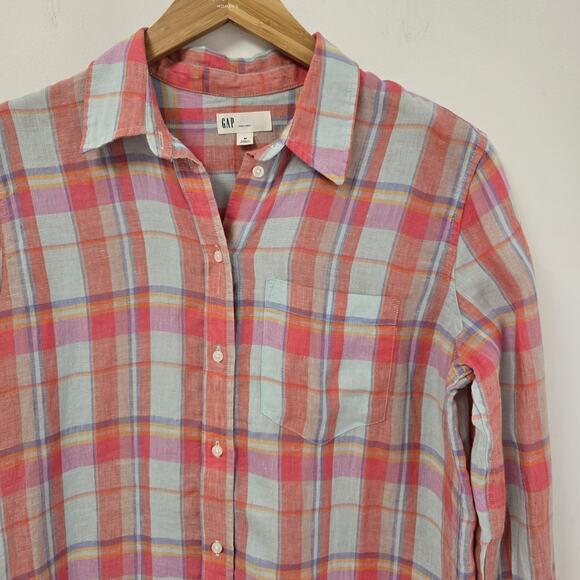 Gap Shirt Size M Pink Blue Plaid Button Up Long Sleeve Casual 100% Linen Womens - Picture 2 of 6